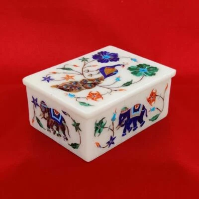 Marble Jewelry trinket Box Semi Precious stones Inlay home decor - Image 1 of 4