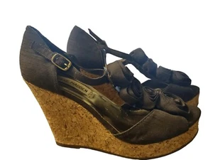 Vintage Y2K Steve Madden Cork Wedge Heals Buckle Shoes Sandles Brown Fabric sz 7 - Picture 1 of 8