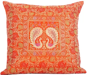 20" Peacock Brocade Silk Handmade Cushion Cover Ethnic Pillow Sham Throw Orange - Picture 1 of 5