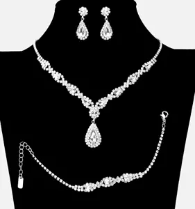 "3 PC" CLEAR CRYSTAL PROM WEDDING BRIDAL FORMAL FASHION NECKLACE JEWELRY SET* - Picture 1 of 2