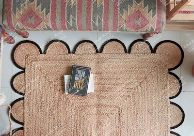 Natural Jute Scalloped Rug Beige & Black Border New Home Hallway Boho Décor Rugs - Image 1 of 4