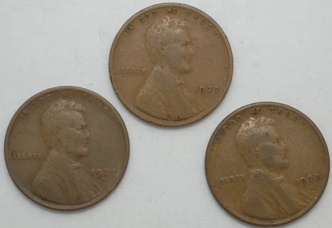 1927-P-D-S Lincoln cent 3 coin year mint set circulated pennies Cover