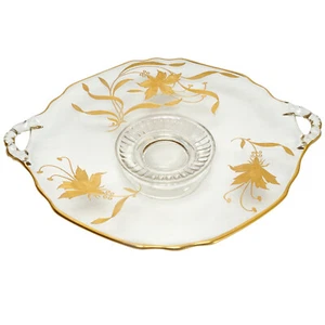 Vintage Clear Glass Candy Plate Gold Floral Design Footed 9 inches w Handles - Picture 1 of 5