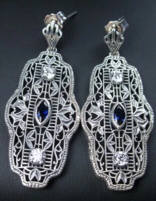 Pendientes colgantes de plata esterlina Art Deco con zafiro Sim y circonita cúbica (hechos a medida) E61 Foto 1 de 4