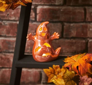 LED Light-Up Halloween Ghost Orange Ceramic Large Autumn Ornament Decor - Picture 1 of 1