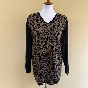 The Quacker Factory Vintage 90s Black Animal Print Sequin Sweater size Large - Picture 1 of 6