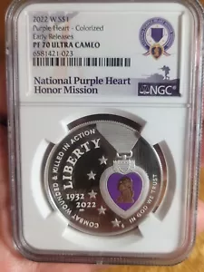 2022 W $1 Silver Proof Purple Heart Hall of Honor Colorized NGC PF70 UCAM Early+ - Picture 1 of 5