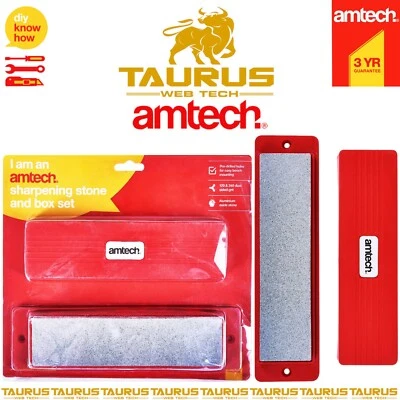 AMTECH-TOOLS 8" AMTECH Sharpening Stone SET Whetstone Knife Blade Chisel Tool Wet Oilstone UK