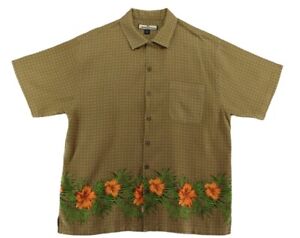 Tommy Bahama Men's Sz XL Brown with Squares & Orange Flowers Silk Short Sleeve
