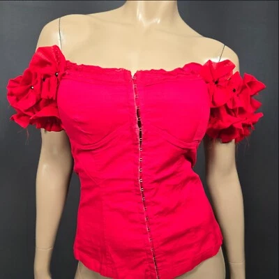 Y2K Milkmaid Corset top Size S Red Off Shoulder Lace Up Back Coquette Fairy Foto 1 de 4
