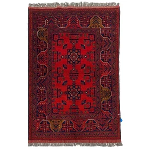 Alfombra de lana hecha a mano (3'4" x 5') roja Bokhara oriental afgana Khal Mohammadi - Imagen 1 de 10