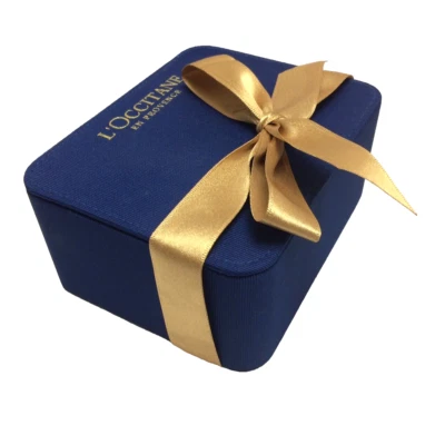 L'Occitane Rectangular Royal Blue Fabric Box w/ Lid & Gold Ribbon - Image 1 of 4