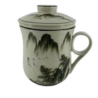 Taza de té de cerámica de colección taza colador infusor tapa juego montañas mar Japón firmado usado en excelente estado Foto 1 de 4