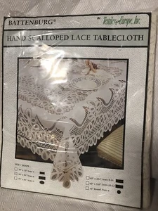 VINTAGE BATTENBURG HAND SCALLOPED LACE TABLECLOTH BEIGE NEW IN PACKAGE 60x84 - Picture 1 of 6