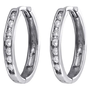 10K White Gold Round Channel Set Diamond Oval Hinged Hoop Earrings 0.17 CT. - Picture 1 of 5