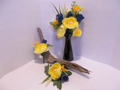 Bridal Denim Roses and Yellow Ranunculus Bouquet & Corsage & Boutonniere Set - Image 1 of 4