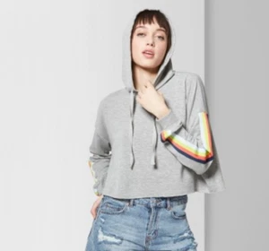 Womens Striped Cropped Rainbow Placed Hoodie - Wild Fable- Heather Gray-NWT - Picture 1 of 2