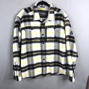 Eddie Bauer Flannel Shirt Men XL Black Yellow Plaid Mountain Ops Shacket Quilted - Picture 1 of 18
