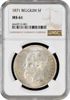 Belgium 5 francs 1871, NGC MS61, "King Leopold II (1865 - 1909)" silver coin