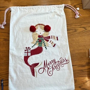 Christmas Santa Sack Mermaid Pom Pom Holiday Gift Bag White Cotton - Picture 1 of 6
