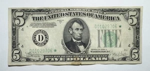 Billete estrella de la Reserva Federal 1934 C $5 Cleveland, Ohio sello verde - Imagen 1 de 2