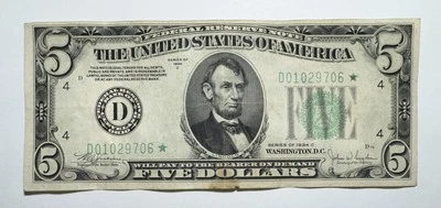 1934 C $5 Federal Reserve Star Note Cleveland, Ohio Green Seal - Image 1 of 2