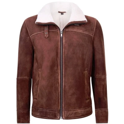 Mens Shearling Sheepskin Harrington Jacket: Brown Leather Bomber Coat - Image 1 of 4