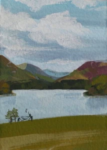 Painting of Derwentwater Lake Landscape Lake District ACEO Gouache Mini Art - Picture 1 of 3