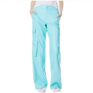 Alice & Olivia Hayes Faux Leather Cargo Wide Leg Pants Aqua Blue size 8 Vegan - Picture 1 of 13