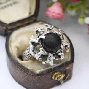 Vintage Brutalist Sterling Silver Sculptural Ring with Black Stone - Chunky - Picture 1 of 6