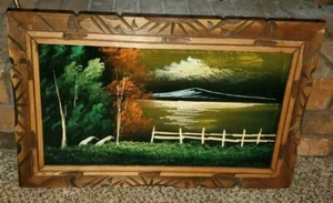 VTG BLACK VELVET Painting Mexico Mountains Trees Lake Carved Wood Frame~NICE!! - Picture 1 of 9