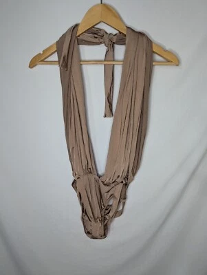 Traje de baño Melissa Odabash cuello en V profundo dorado marrón satinado con cinturón talla 8 Foto 1 de 4