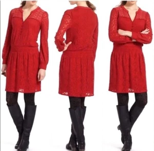 Leifnotes Anthropologie rot Spitze Häkel Langarm Feld Tageskleid Größe Medium - Bild 1 von 4