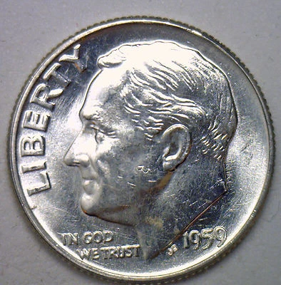 1959 Silver UNCIRCULATED BU Roosevelt Dime Ten Cent Coin - Image 1 of 2