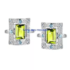 Natural Lemon Quartz Blue topaz & CZ Gemstones 925 Sterling Silver Cufflinks #44 - Picture 1 of 3