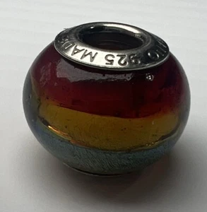 Murano Italy 925 Sterling Silver Glass Slide Bubble Bead Charm Red Yellow Green - Picture 1 of 13