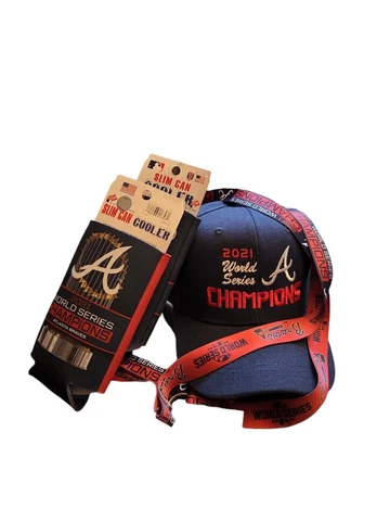 NWT Atlanta Braves 2021 World Series Champions AdjCap+Lanyard+Slim Can Cooler Cover