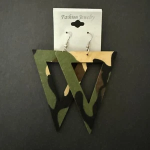 NOC Geometric Green Camouflage Triangle Wooden Fabric Drop Earrings Lightweight - Picture 1 of 5