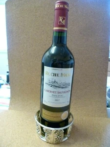 SUPPORTO BOTTIGLIA VINO VINTAGE, FANTASIA FRUTTA E VITE PLACCATO ARGENTO. - Foto 1 di 7