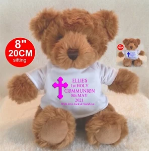 PERSONALISED BROWN TEDDY BEAR 8" SITTING 1st HOLY COMMUNION CHRISTENING     - Picture 1 of 3