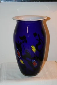Hand Blown Cobalt Blue Glass Vase w/Multi color spots ~ White Interior ~ 11" EUC - Picture 1 of 8