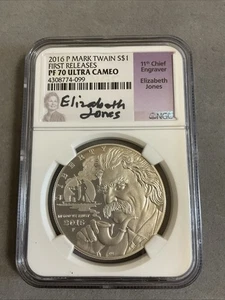 2016-P MARK TWAIN Silver Dollar, NGC PF70 ULTRA CAMEO, ELIZABETH JONES Signed - Picture 1 of 4