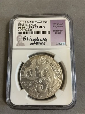 2016-P MARK TWAIN Silver Dollar, NGC PF70 ULTRA CAMEO, ELIZABETH JONES Signed - Image 1 of 4