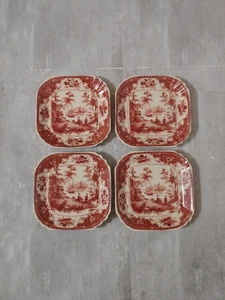 Set Of 4 Red Transferware Staffordshire Plates 4.5 X 4.5 England Square - Picture 1 of 5