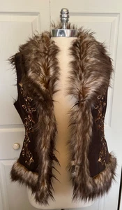 INC Brown Plush Faux Fur & Suede Med Amber Rhinestones Gold Embroidered Vest NWT - Picture 1 of 13
