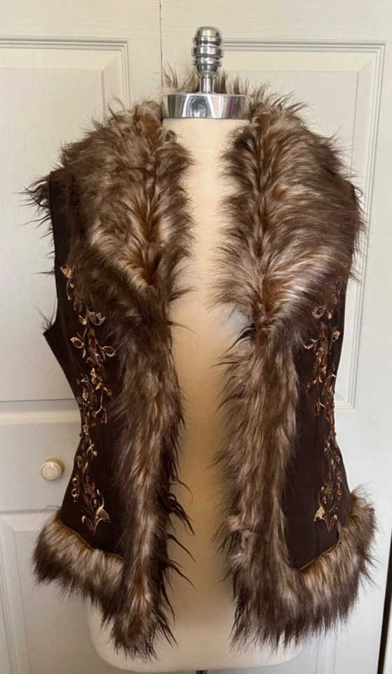 INC Brown Plush Faux Fur & Suede Med Amber Rhinestones Gold Embroidered Vest NWT - Image 1 of 4