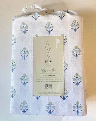 NEW JOIE 4pc Floral Luxury Cotton QUEEN Sheet Set White/Blue/Green - Image 1 of 4