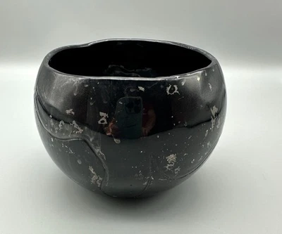 Handcrafted Black Ceramic Bowl With Unique Silver Accents & Distressed Finish - Image 1 of 4