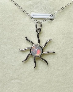 925 Sterling Silver Rainbow Opal Sun Pendant Necklace - Picture 1 of 10