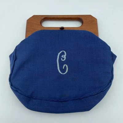 TRIMINGHAM’S Bermuda Vintage Blue Linen Handbag Wood Handle White Monogram MCM - Image 1 of 4